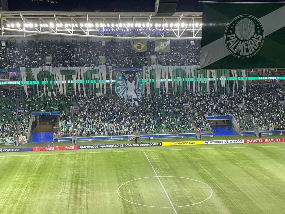 Torcida do Palmeiras faz homenagem em despedida de Endrick — Foto: Camila Alves