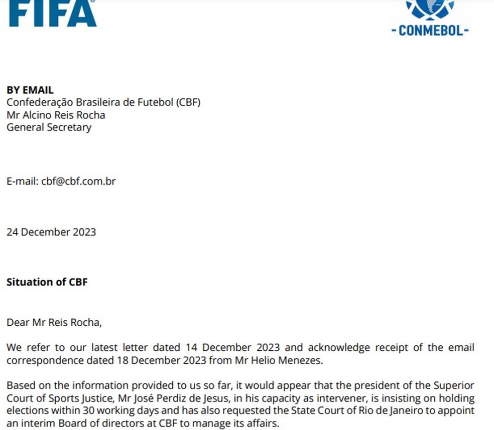 Documento da Fifa responde ao e-mail enviado por Hélio Santos, da CBF — Foto: Reprodução