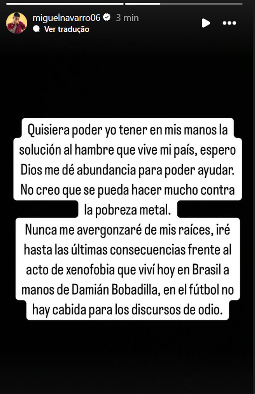 Navarro, do Talleres, se manifesta após confusão com Bobadilla, do São Paulo — Foto: Reprodução/Instagram