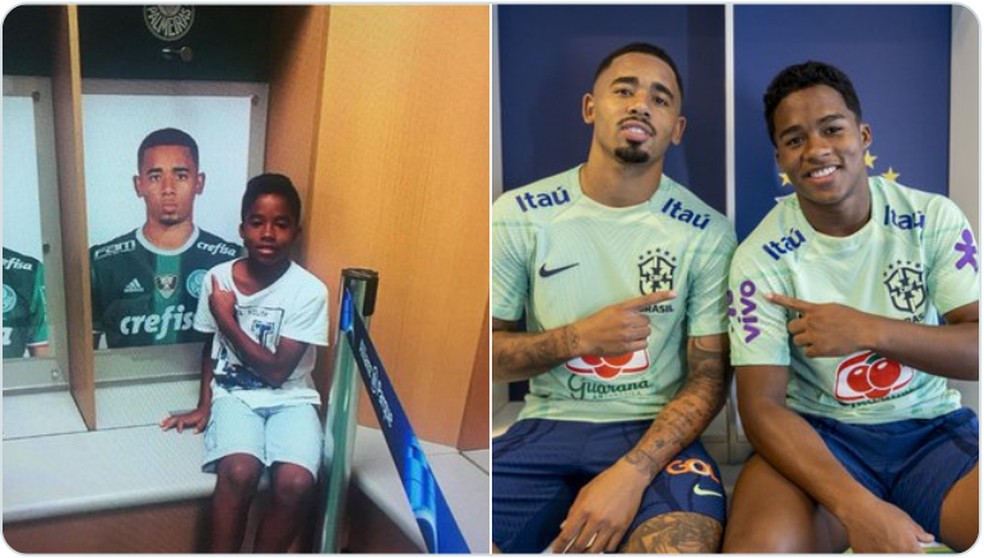 Palmeiras posta "antes e depois" de Endrick e Gabriel Jesus, agora juntos na seleção brasileira — Foto: Reprodução