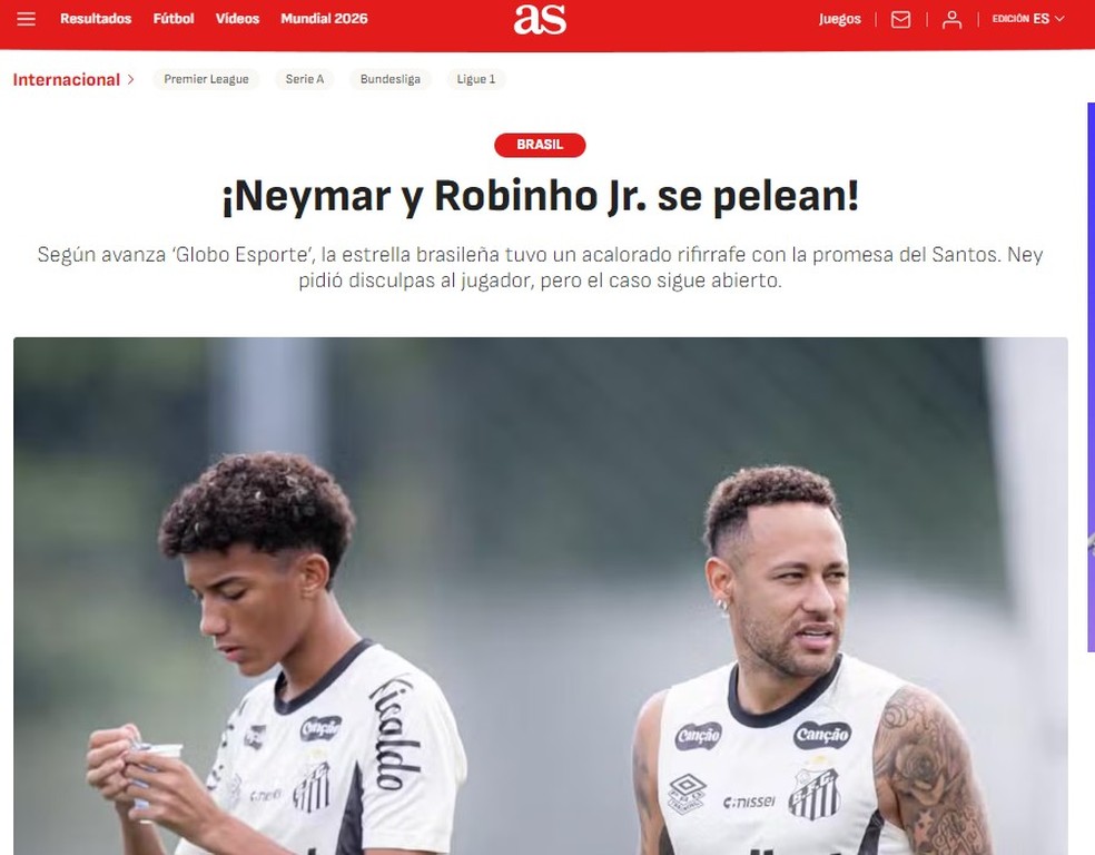 Diário As: 'Neymar e Robinho Jr. brigam' - Reprodução