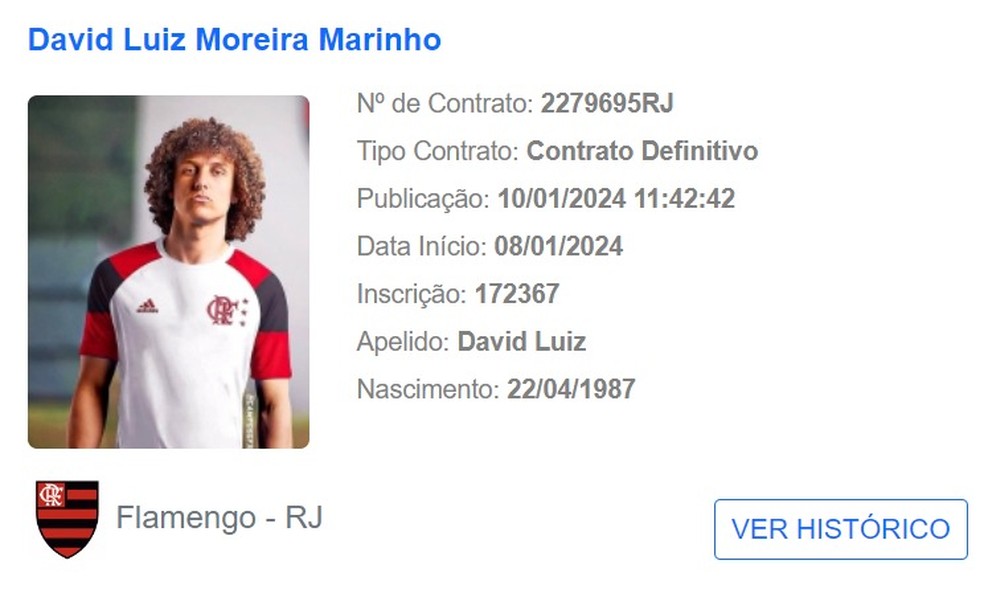 Novo contrato de David Luiz com o Flamengo é publicado no BID — Foto: Reprodução