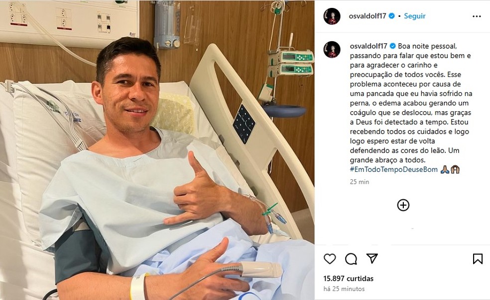 Osvaldo se manifesta nas redes sociais após internamento — Foto: Redes sociais