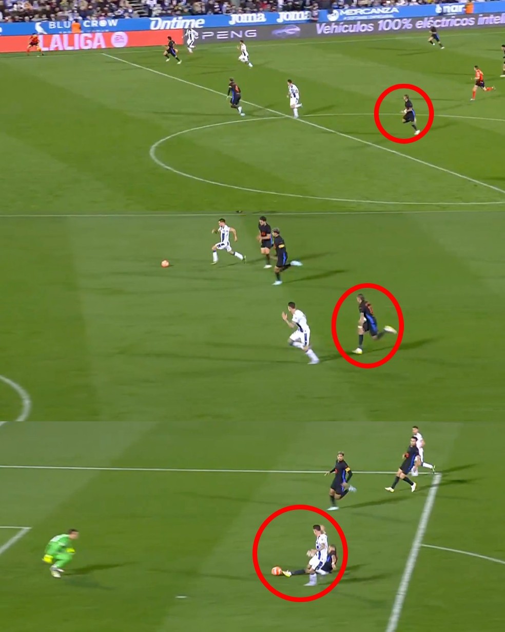 Disciplina e disposição de Raphinha para evitar gol adversário chamou atenção em Leganés 0 x 1 Barcelona, no último sábado — Foto: Reprodução