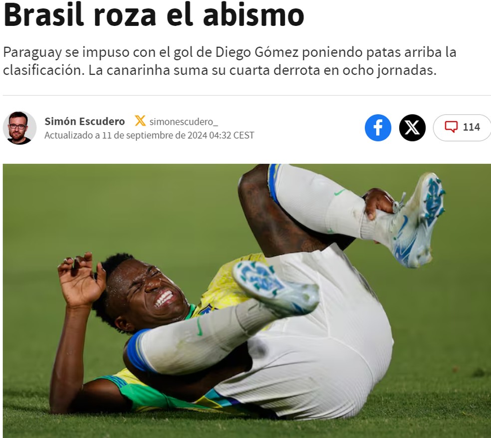 Jornal "As" repercute derrota do Brasil nas eliminatórias — Foto: Reprodução