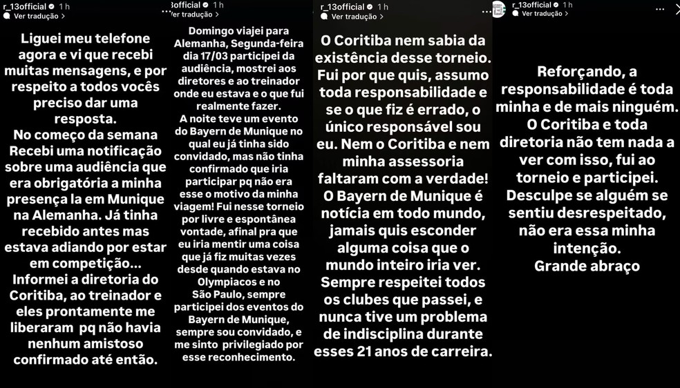 Rafinha se manifesta após polêmica no Coritiba — Foto: Reprodução/Redes Sociais