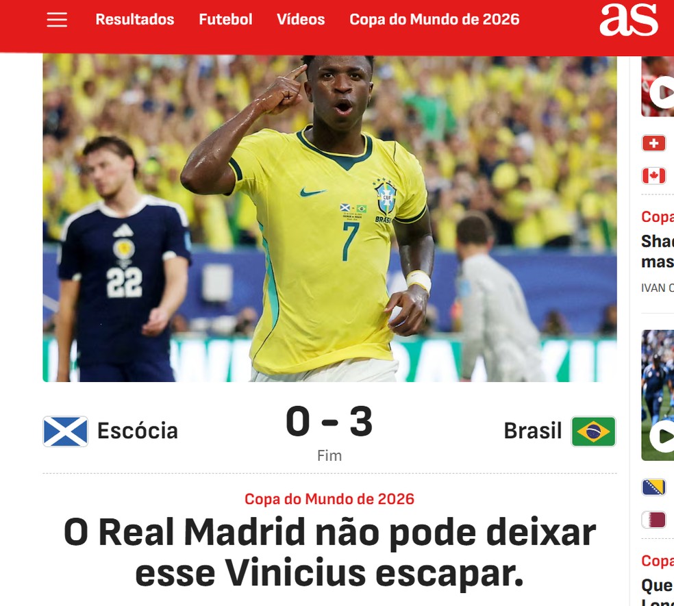 As, da Espanha, exalta atuação de Vini Jr — Foto: Reprodução