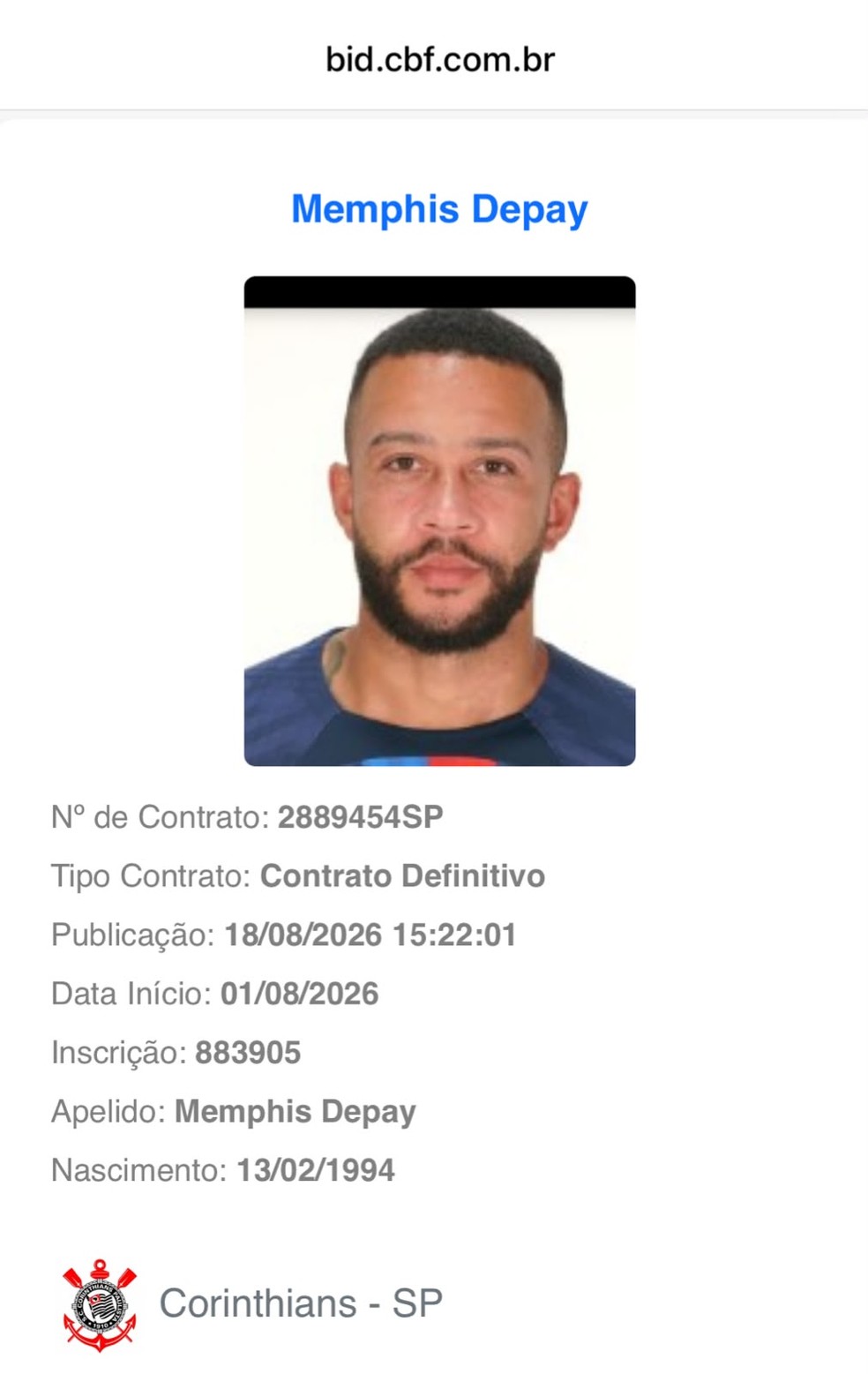 Memphis Depay é regularizado no BID da CBF após assinar novo vínculo com o Corinthians — Foto: Reprodução