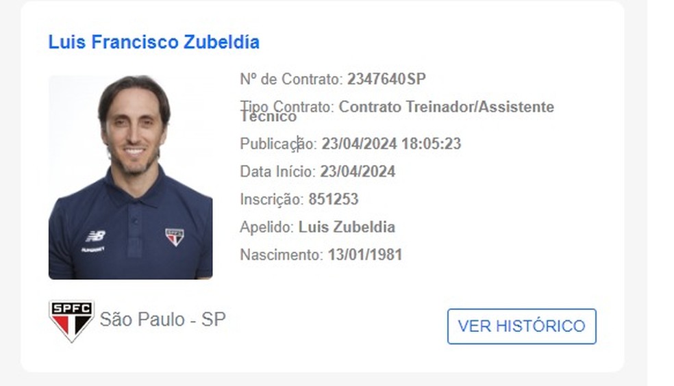 Luis Zubeldía é registrado pelo São Paulo no BID — Foto: Reprodução