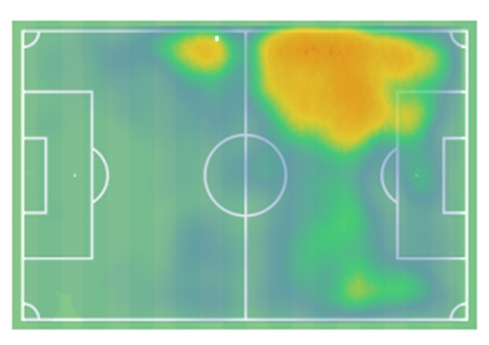 Mapa de calor de Bruno Rodrigues pelo Cruzeiro no Brasileirão de 2023 — Foto: Reprodução/Wyscout