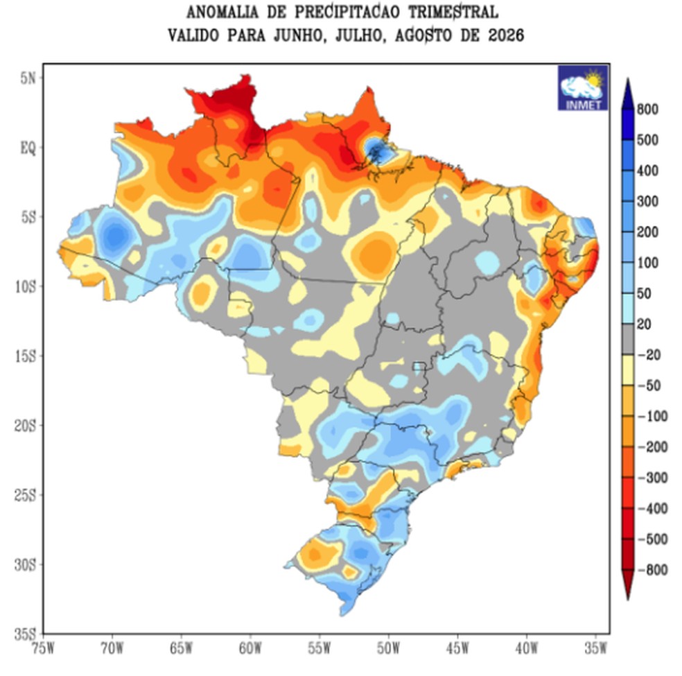 Anomalia de precipitação para o trimestre junho-julho-agosto de 2026 — Foto: INMET