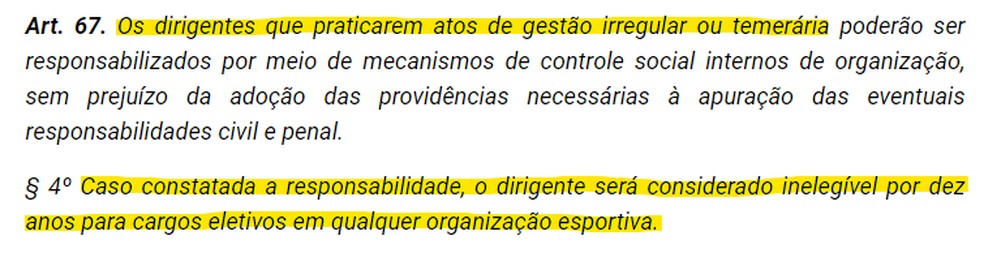 Artigo 67 da Lei Geral de Esporte. — Foto: Reprodução