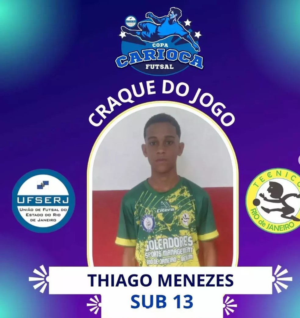 Thiago Menezes, adolescente morto na Cidade de Deus, foi destaque da Copa Carioca de Futsal Sub-13 — Foto: Reprodução: Instagram