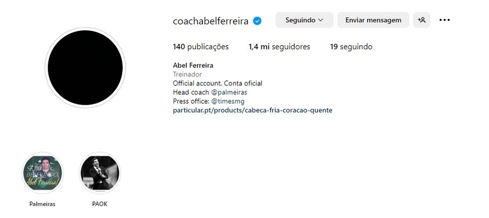 Abel Ferreira deixa página com foto preta em luto pela morte de torcedora do Palmeiras — Foto: Reprodução