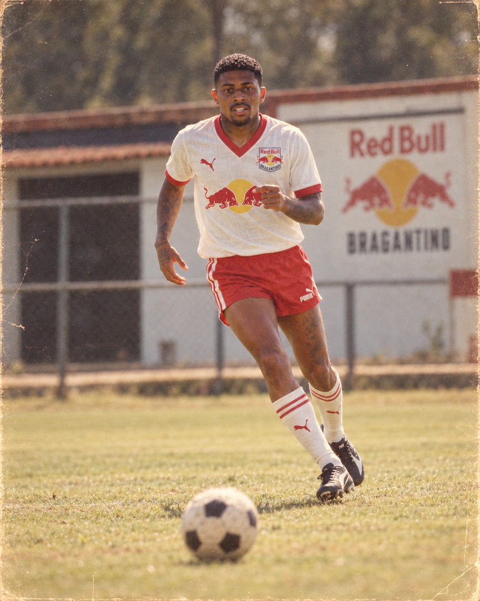 Bruno Gonçalves na trend dos anos 80 — Foto: Ari Ferreira/Red Bull Bragantino - Adaptação ChatGPT