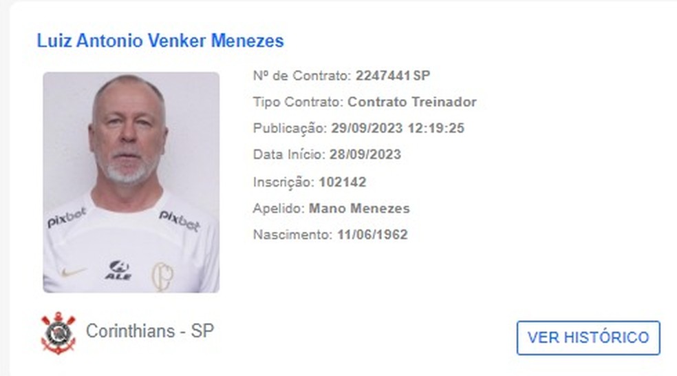 Mano Menezes é registrado pelo Corinthians na CBF — Foto: Reprodução
