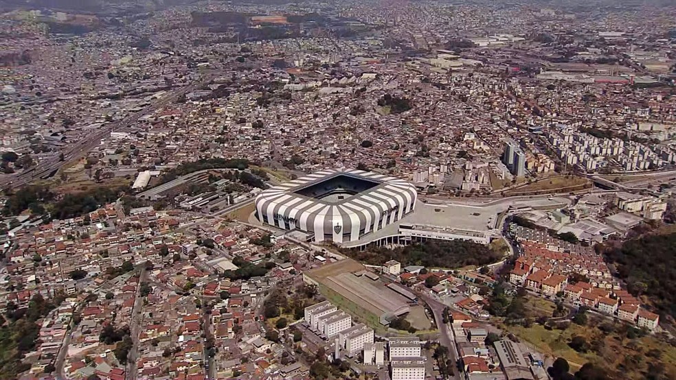Vista aérea Arena MRV; estádio fica no Bairro Califórnia, em Belo Horizonte — Foto: TV Globo