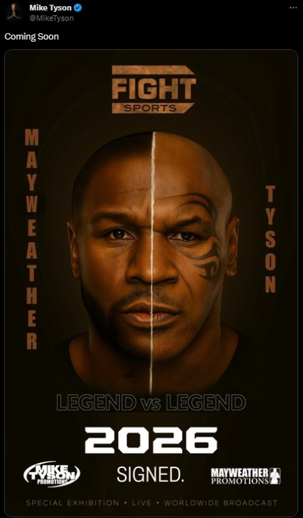 Mike Tyson anuncia luta contra Floyd Mayweather Jr. em 2026 — Foto: Reprodução/X