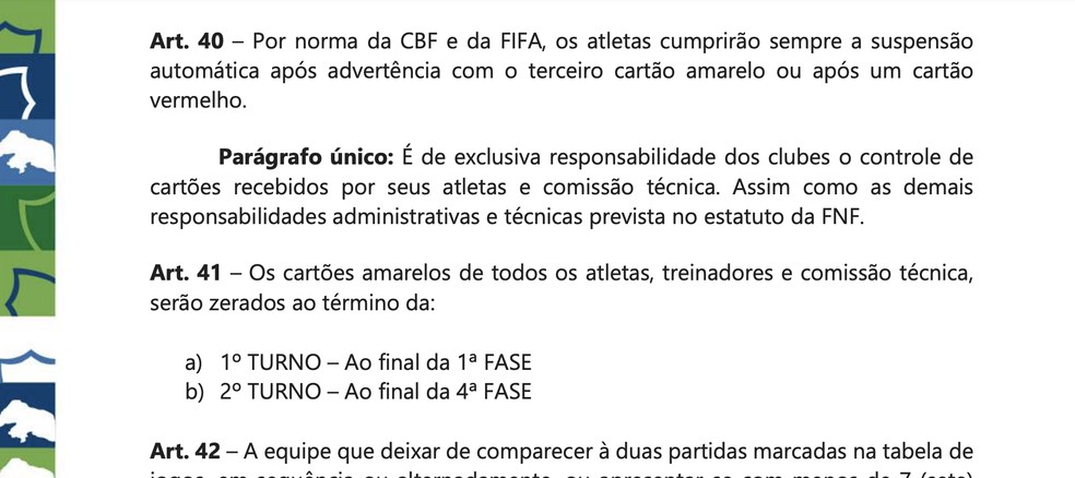 Regulamento do Campeonato Potiguar 2024 trata sobre os cartões amarelos — Foto: FNF/Reprodução