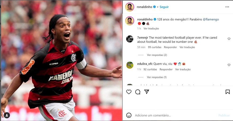 Ronaldinho manda mensagem para o Flamengo — Foto: Reprodução