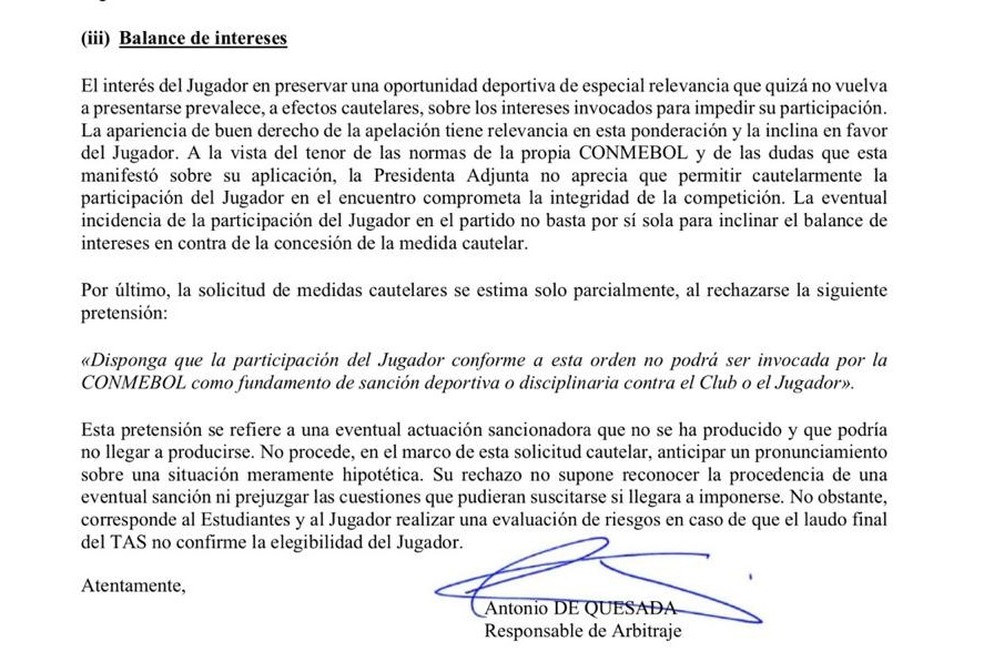 Documento do CAS que autorizou Marcos Rojo a jogar no Flamengo x Estudiantes — Foto: Reprodução