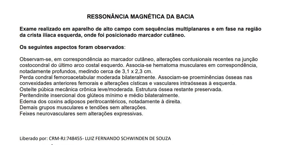 Resultado do exame de imagem feito na bacia de Léo Jardim, goleiro do Vasco — Foto: Divulgação / Vasco