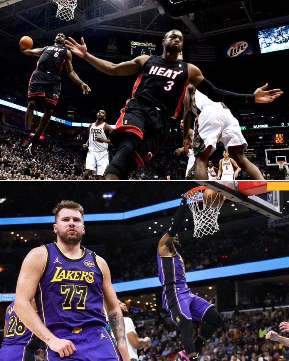 Foto histórica de LeBron James e Wade — Foto: Morry Gash/AP e Lakers