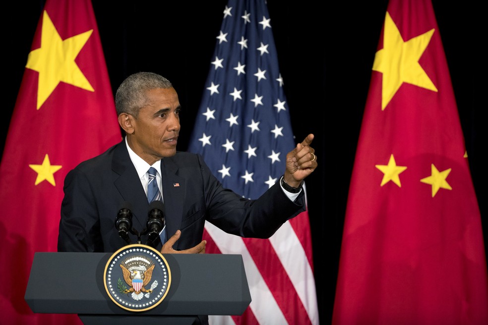 Barack Obama, presidente dos Estados Unidos em 2015, em discurso na China em reunião do G20 — Foto: AP 