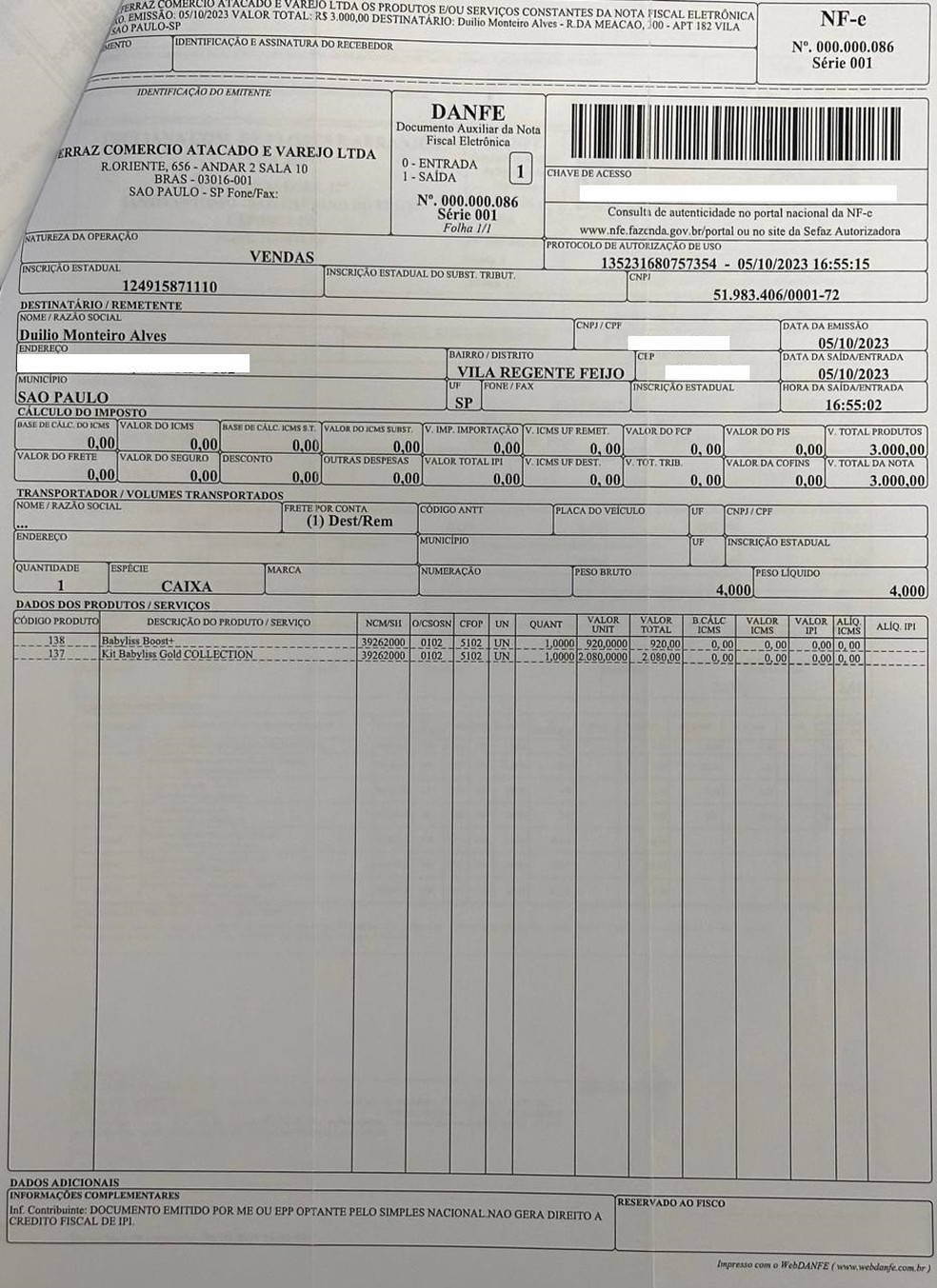 Nota fiscal em nome de Duilio Monteiro Alves em relatório de gastos do Corinthians — Foto: ge