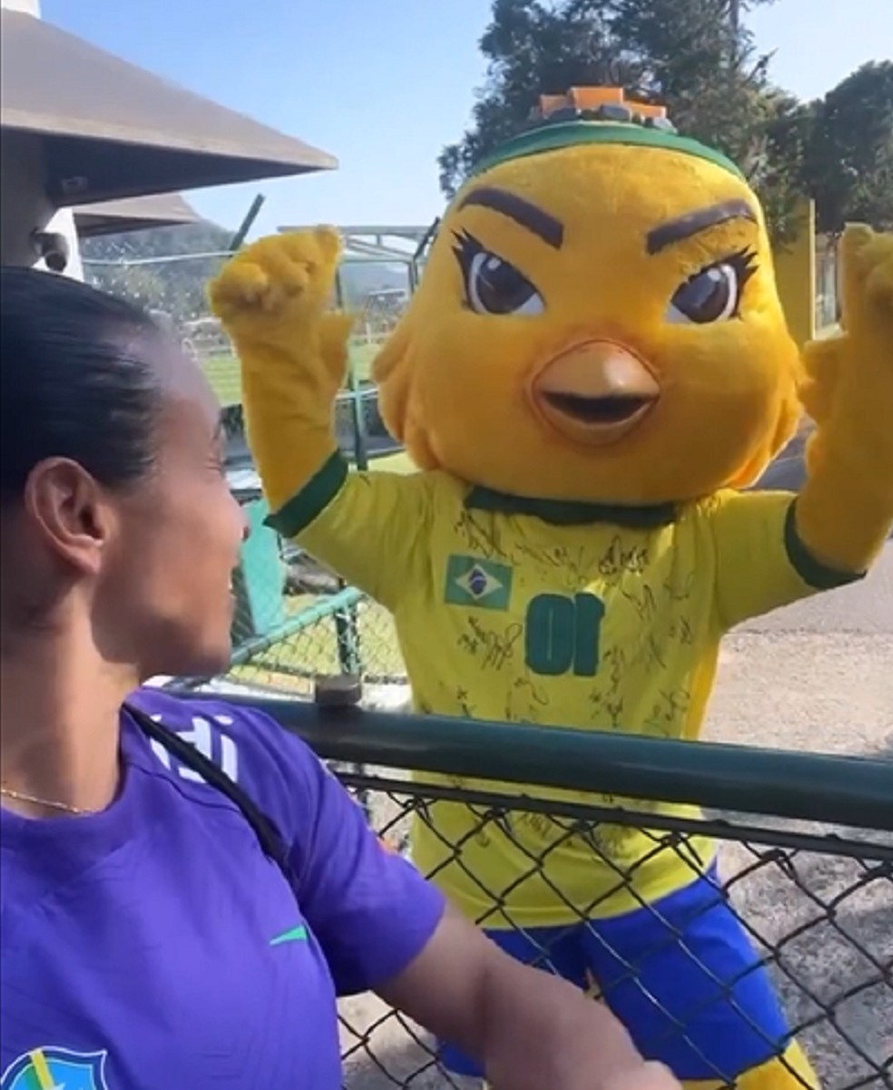 Marta conversa com a mascote da seleção, a Canarinha Guerreira — Foto: Reprodução Instagram