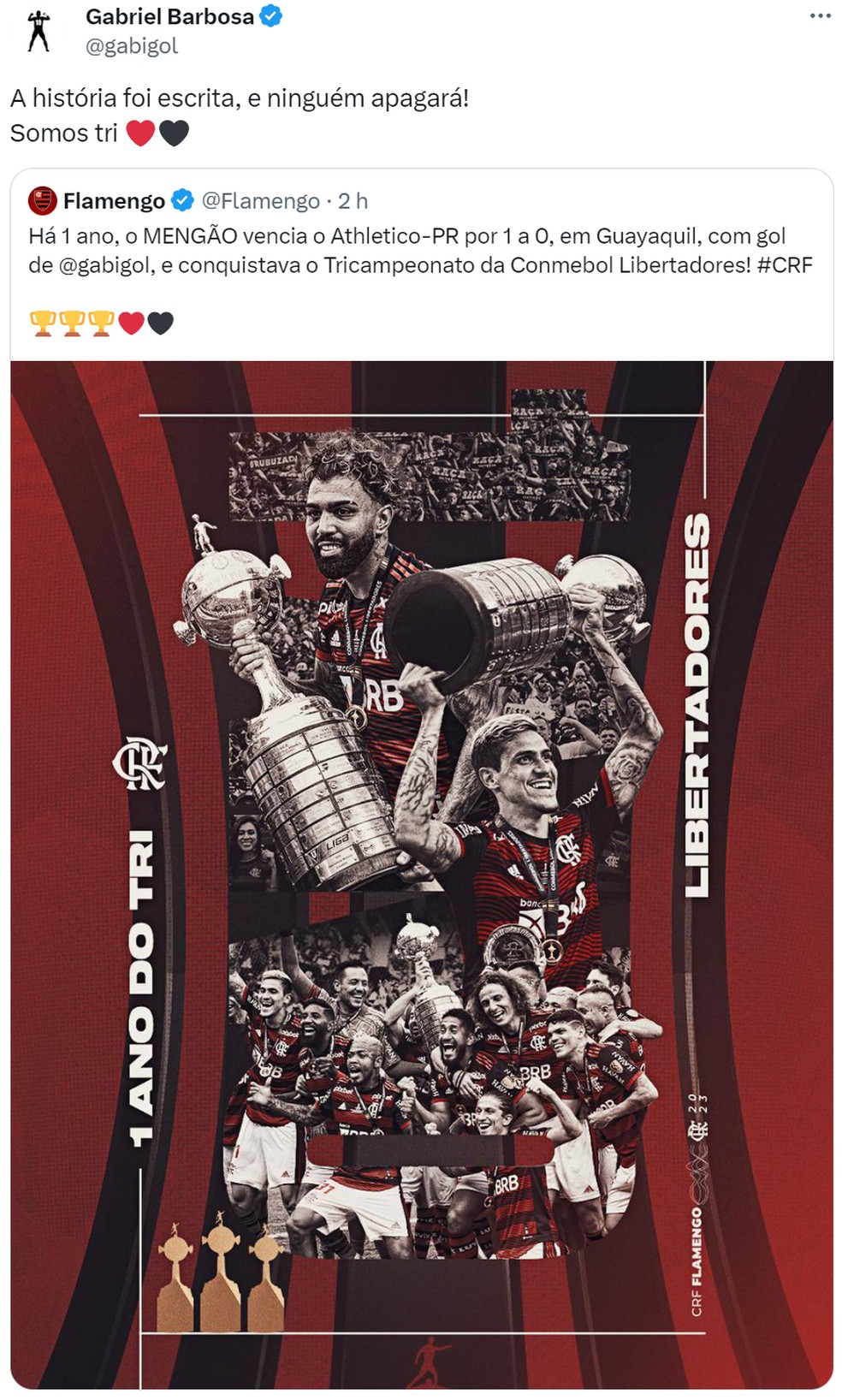 Gabigol comenta post do Flamengo no aniversário do tri da Libertadores — Foto: Reprodução