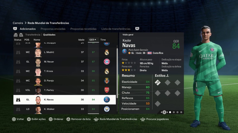 Navas no modo carreira do FC 24 — Foto: Reprodução/EA Sports