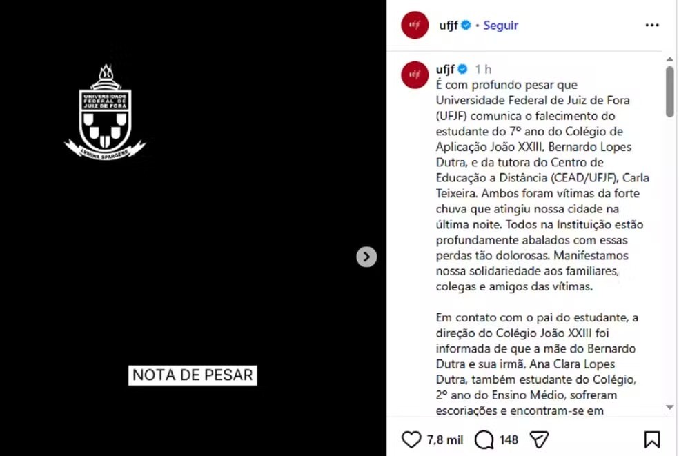 UFJF lamenta morte de Bernardo Lopes em Juiz de Fora — Foto: Redes sociais