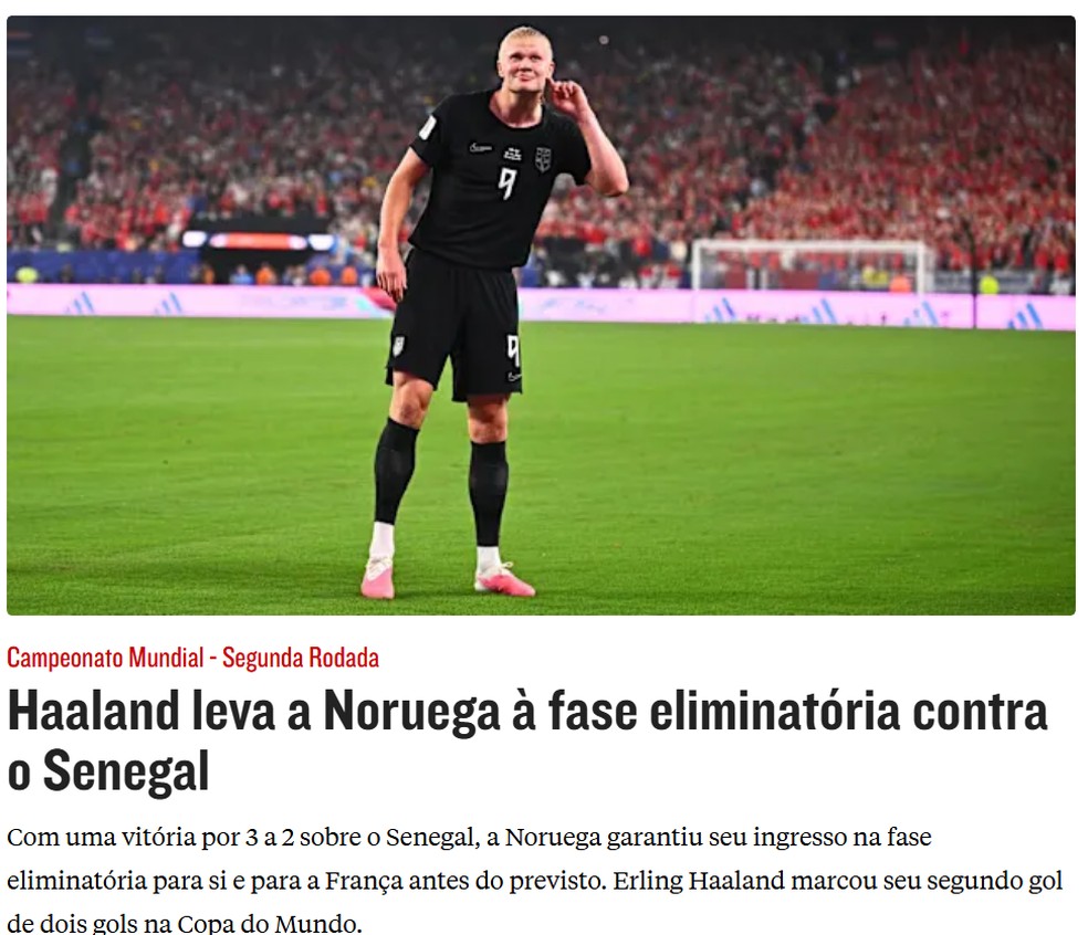 Capa esportiva europeia destacando a vitória da Noruega