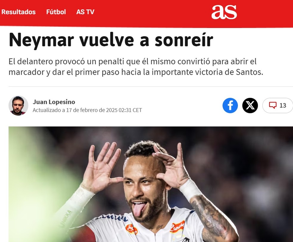 Neymar volta a sorrir, diz o jornal AS após gol do atacante pelo Santos — Foto: Reprodução