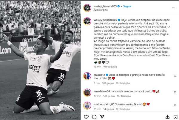 Corinthians anuncia venda de Wesley ao Al-Nassr: despedida marcante do jogador.