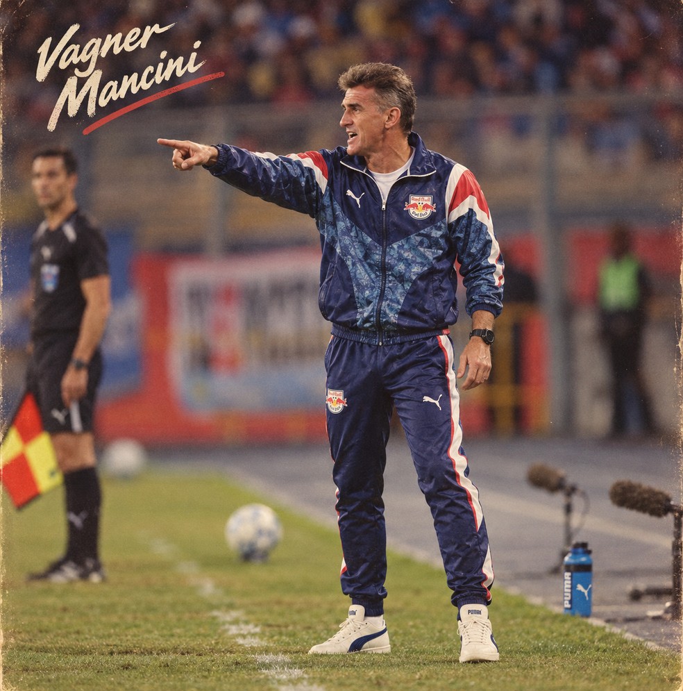 Técnico Vagner Mancini na trend dos anos 80 — Foto: Ari Ferreira/Red Bull Bragantino - Adaptação ChatGPT