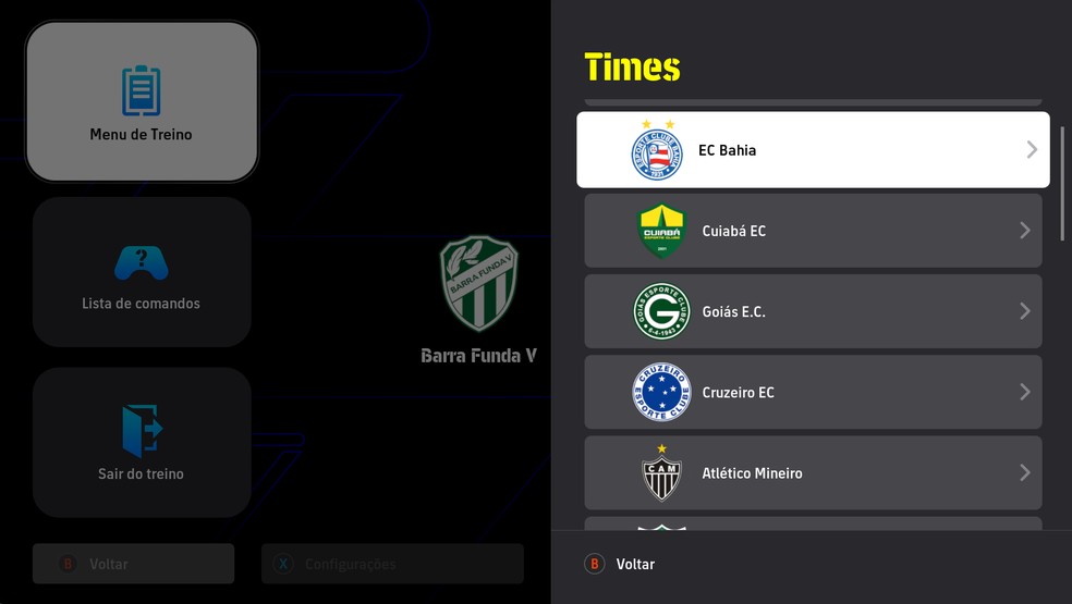 Lista de times no modo de Treino Livre — Foto: Reprodução in-game