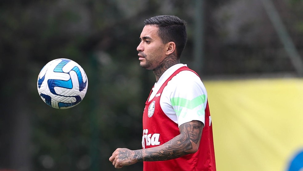 Dudu em treino do Palmeiras na Academia de Futebol antes da lesão no joelho  — Foto: Cesar Greco/Palmeiras