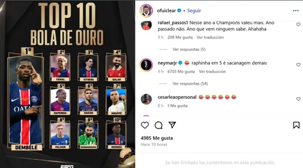 Neymar reclama da posição de Raphinha na Bola de Ouro — Foto: Reprodução